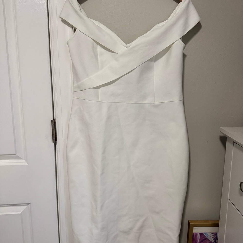 Fashion Nova Cream Off-Shoulder Sheath Midi Dress